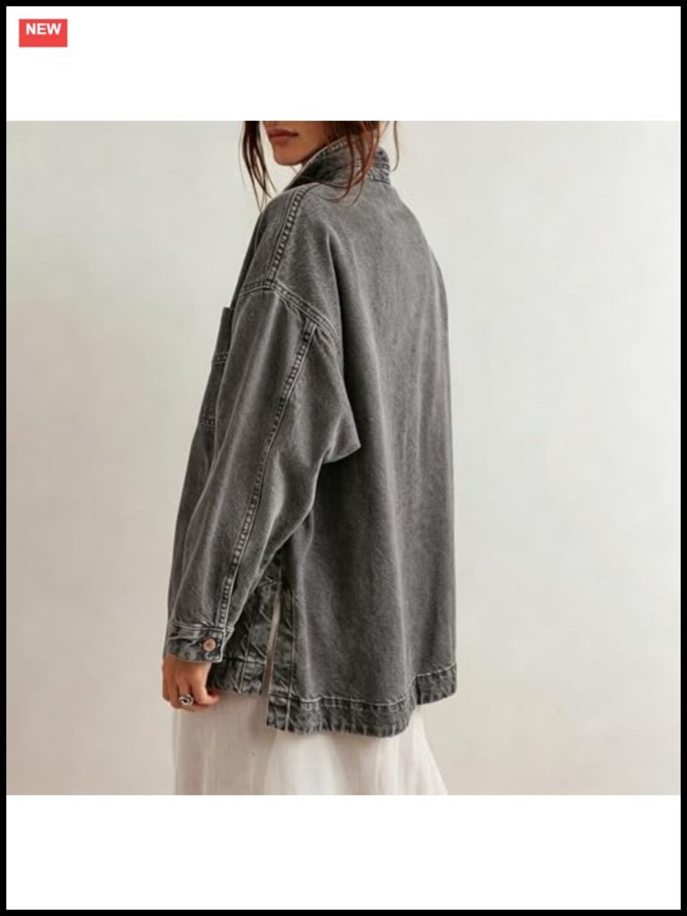 Oversized Embroidered Denim Jacket Button Down Loose Fit Casual Jean Jacket - Picture 4 of 6